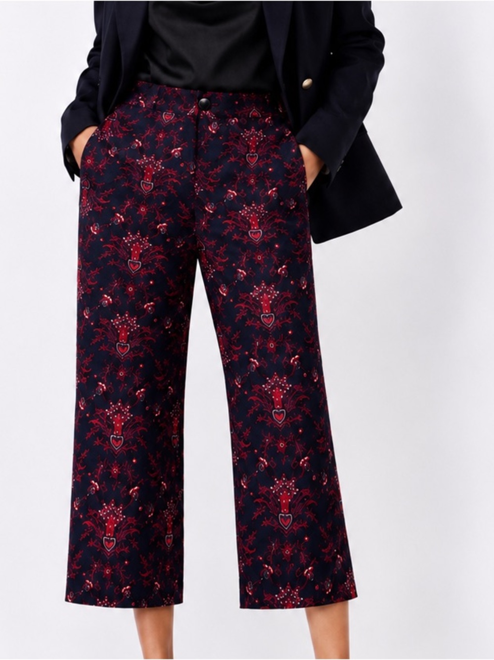 PECK & PECK Cropped Black & Red Floral Jacquard Straight-Leg Pants Womens Slacks